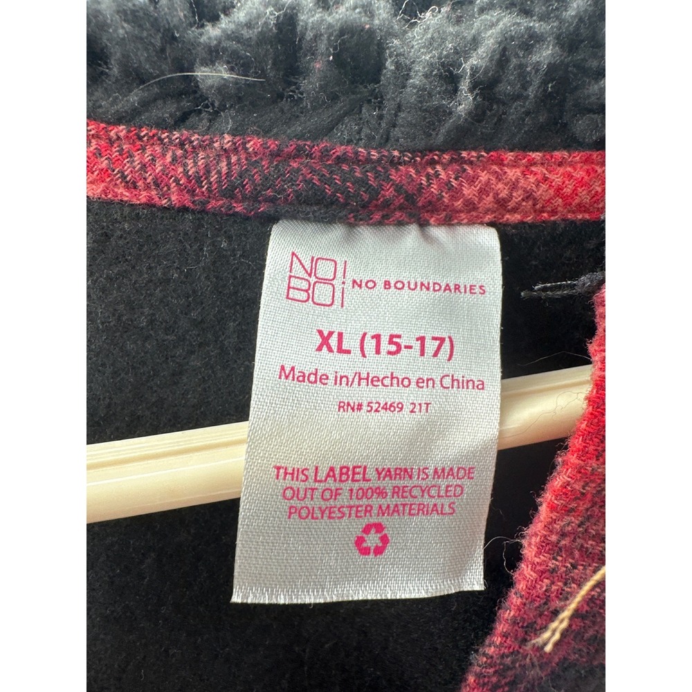 No Boundaries Red Black Plaid Hooded Shirt Jacket XL 15-17 Sherpa Hood - Picture 2 of 7